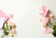 Envelope, Roses, Hearts And Gift Box On White Background