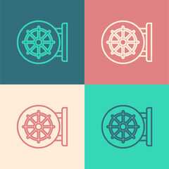 Sticker - Pop art line Dharma wheel icon isolated on color background. Buddhism religion sign. Dharmachakra symbol. Vector.