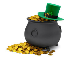 St. Patrick's Day. Green Leprechaun Hat With Clover And Treasure Pot Full Of Gold Coins. Isolated On White Background. 3d Render.