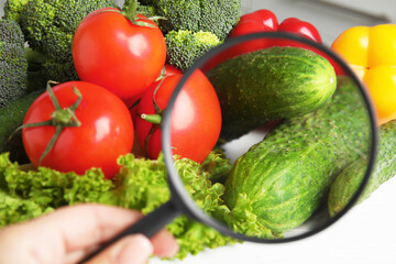 Wall Mural - woman with magnifying glass exploring vegetables, closeup. poison detection