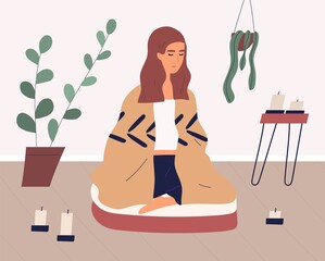 Poster - Woman meditating in cross legged posture on yoga cushion. Relaxed person practicing mindfulness or vipassana meditation and breath control exercises at home. Colored flat vector illustration