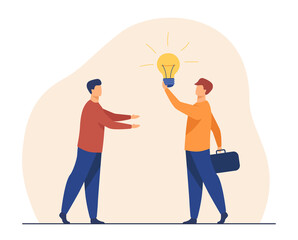 Sticker - Man selling idea for startup. Shining lightbulb, partners, finding investors. Flat vector illustration. Business, new project, partnership concept for banner, website design or landing web page