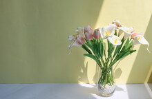 Artificial Bouquet In Glass Vase, Pink Tulips And White Calla Lilies
