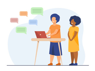 Wall Mural - Kids chatting online. Diverse couple of children using computer, texting messages. Flat vector illustration. Communication, childhood concept for banner, website design or landing web page