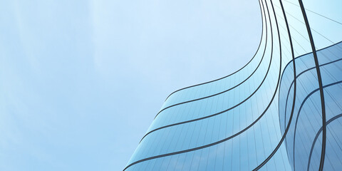 Poster - Low angle view of futuristic architecture, Skyscraper of office building with curve glass window, 3D rendering.