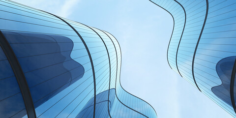Poster - Low angle view of futuristic architecture, Skyscraper of office building with curve glass window, 3D rendering.