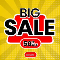 Wall Mural - sticker style big sale text with 50% discount offer on yellow rays background for advertising.