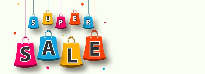 Wall Mural - super sale text of colorful shopping bags on light yellow background. advertising header or banner d