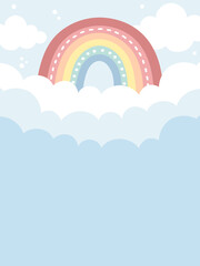 Sky background with rainbow and clouds in pastel colors. Hand drawn rainbow and clouds. For web banner, poster, wall paper, cards, and more.