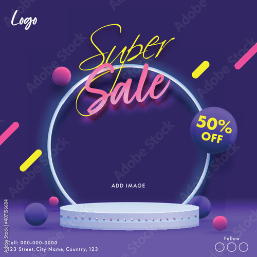 Super Sale Poster Design With 50% Discount Offer On Purple Background. © Abdul Qaiyoom