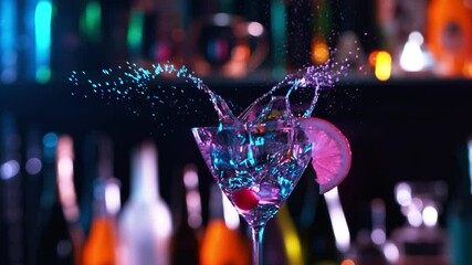 Poster - Camera Follows Ice cubes Falling into Glass of Fresh Fruit Cocktail in Bar. Super Slow Motion filmed on High Speed Cinema Camera.