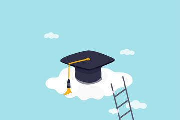 High education, cost and expense to graduate high degree education concept, graduation cap on high cloud with ladder.