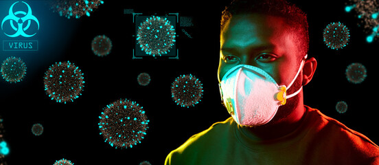 Wall Mural - health, safety and pandemic concept - young african american man wearing protective mask or respirator over coronavirus virions on black background