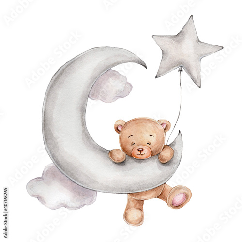 Fototapeta na szkło Cute teddy bear with star balloon on the moon; watercolor hand drawn illustration; can be used for kid poster or card; with white isolated background
