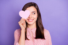 Photo Of Pretty Cheerful Person Heart Paper Card Cover Eye Look Empty Space Wear Retro Isolated On Purple Color Background
