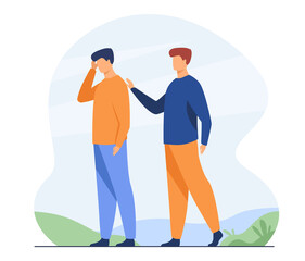 Wall Mural - Man giving comfort to upset friend. Patting shoulder, support, friendship. Flat vector illustration. Empathy, help, compassion concept for banner, website design or landing web page