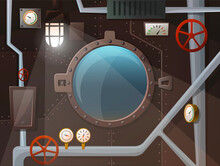 Submarine Interior With Porthole, Pipes, Gauges, Levers, Lamp, Iron Wall With Studs. View Two The Ocean. Cartoon Style, Vector