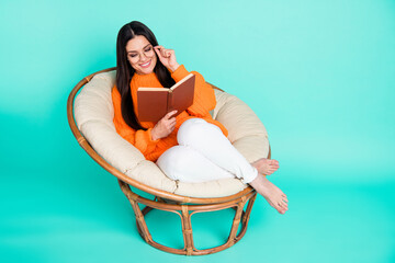 Sticker - Photo of smart mature lady sit armchair read textbook wear spectacles orange pullover isolated turquoise color background