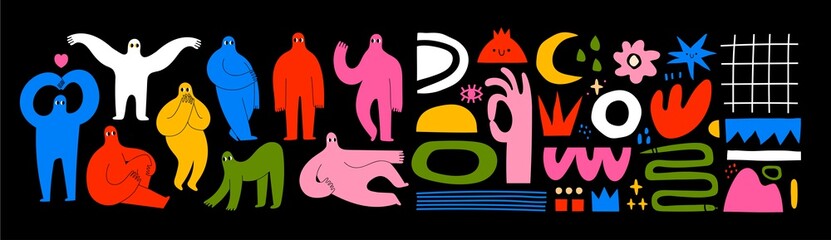 Wall Mural - set of hand drawn various shapes and doodle objects and people silhouettes. abstract contemporary mo