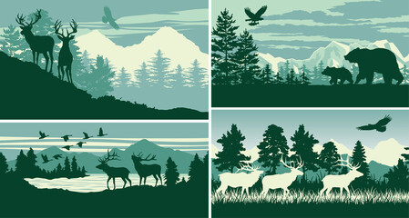 Wall Mural - mountain forest animal wildlife landscape vector outdoor adventure silhouette labels collection