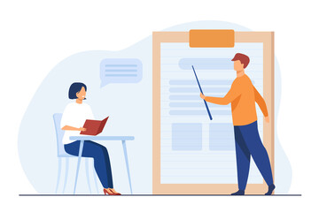 Teacher giving seminar to student in classroom. Mentor and intern, coach and trainee. Flat vector illustration. Education, training, learning concept for banner, website design or landing web page