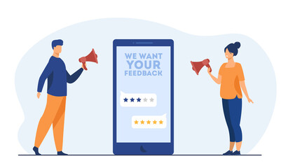 Wall Mural - online shop managers asking clients for feedback. screen, rate, people with megaphone. flat vector i