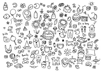 cartoon set vector illustration isolated objects birth of babies hand-drawn in doodle style . sketch