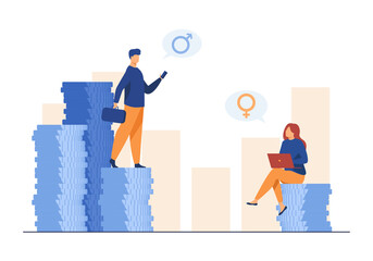 Wall Mural - Earnings gender discrimination. Man and woman getting different salary. Flat vector illustration. Inequality, injustice, finance concept for banner, website design or landing web page