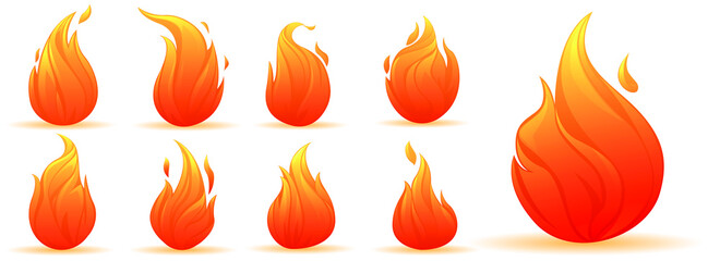 Fire flames are different shapes of color and surface of the flame. Cartoon bonfire isolated on white background. Vector illustratio