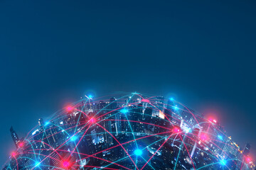 Network Connection technology and Smart city concept.5G network digital hologram and internet of things on city background.5G networking wireless systems.
