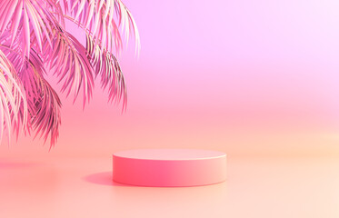 Aufkleber - Beauty fashion podium backdrop with neon light and tropical palm leaves. 3d render. 