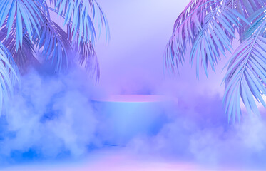 Wall Mural - Beauty fashion podium backdrop with neon light and tropical palm leaves. 3d render. 