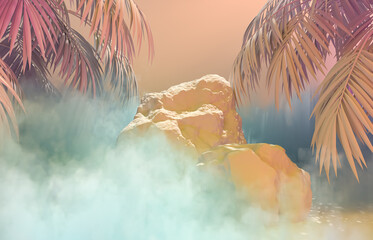 Aufkleber - Beauty fashion podium backdrop with neon light and tropical palm leaves. 3d render. 
