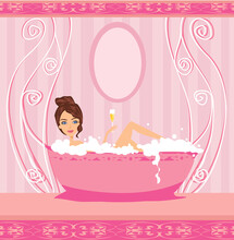 Sexy Woman Taking Hot Bubble Bath And Drinks Champagne