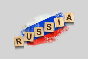 Wall Mural - Russia. The inscription on wooden blocks, against the background of the flag of Russia. 3D illustration. Isolated on a gray background.