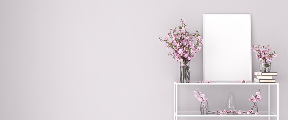 Wall Mural - Mockup picture frame on a shelf in a living room. Cherry flowers in glass vases and  books. 3d render