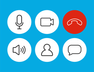Set of Video call icons. Video conference. Collections buttons of on-line video chat app, internet talk, call technology. Web app ui display template. Videoconferencing and online meeting workspace