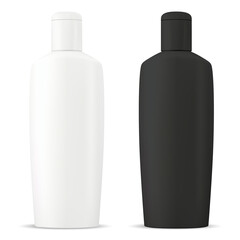 Shampoo bottle cosmetic blank. Vector package mockup in black and white color. Shower cream or gel tube 3d template design. Beauty soap or medical milk container collection. Bathroom care