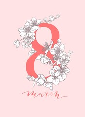 Wall Mural - 8 march illustration. Women s Day greeting card design with cherry blossoms.