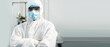 © NVB Stocker - panorama banner. Portrait of Professional engineering man in sterile cloths and face mask in surgical mask factory. industry factory and people concept. indoors