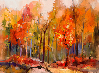 illustration colorful autumn forest. abstract image of fall season, yellow and red leaf on tree, fie