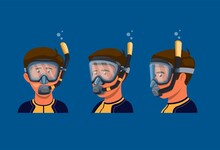 Man Wear Snorkle Mask For Scuba Diving Snorkeling Activity Symbol Set Concept In Cartoon Illustration Vector