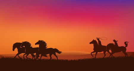 Wall Mural - cowboy and cowgirl riders chasing mustang horses herd and throwing lasso - romantic wild west sunset landscape scene vector silhouette design