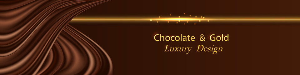 Chocolate wave silk luxury background with golden glowing border line.  Dark brown chocolate satin curtain and gold, Banner design, vector illustration