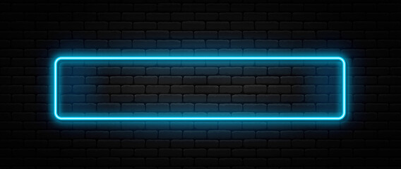 Wall Mural - Neon sign in rectangle shape. Bright neon light, illuminated rectangle frame. Glowing blue neon tube on dark background. Signboard or banner template in 80s and 90s style