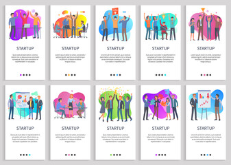 Startup vector, teamwork people working on projects development, success of team, workers celebrating achievements, presentation plan on board. Website or slider app, landing page flat style