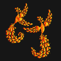 Poster - Firebirds with a Majestic Tail. Phoenix Birds. Mythical characters. Ornamental Silhouette for your design