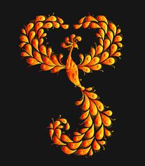 Poster - Firebird with a Majestic Tail. Phoenix Bird. Mythical character. Ornamental Silhouette for your design