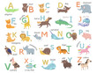Colorful zoo alphabet with cute animals flat illustration set