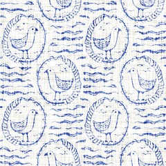 Wall Mural - Azure blue white seagull linen texture. Seamless textile effect background. Weathered doodle dye pattern. Coastal cottage beach home decor. Modern sea bird gull marine fashion repeat cotton cloth.